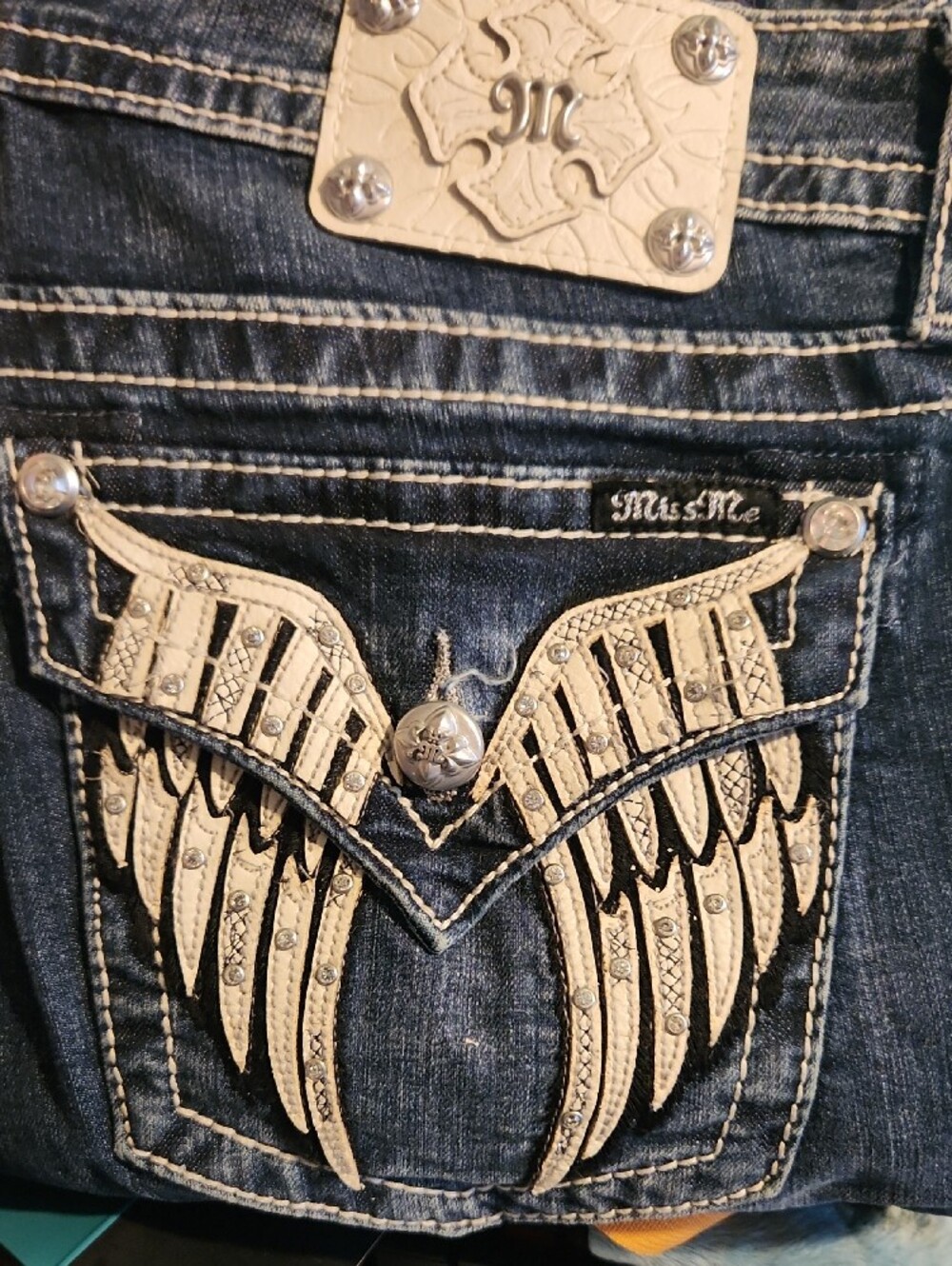 Miss Me Navy Slim Straight Jeans with Wing Pocket Embroidery